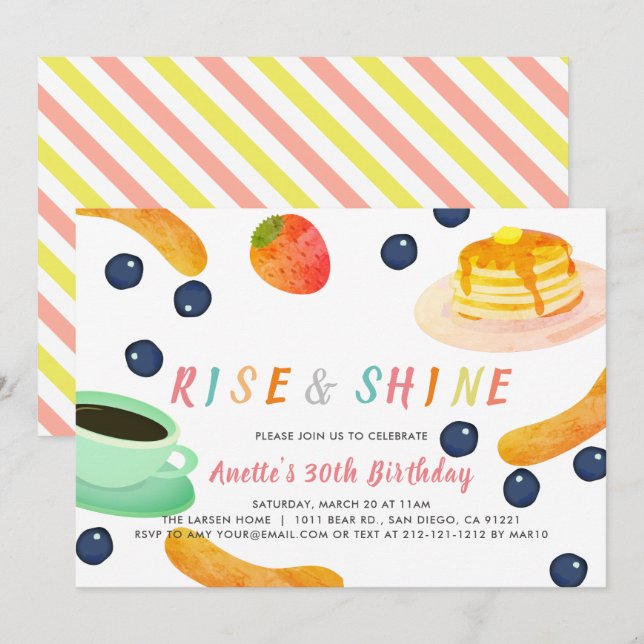 Invitación Brunch Panqueque Café Acuarela Adultos Cumpleaños (Anverso / Reverso)
