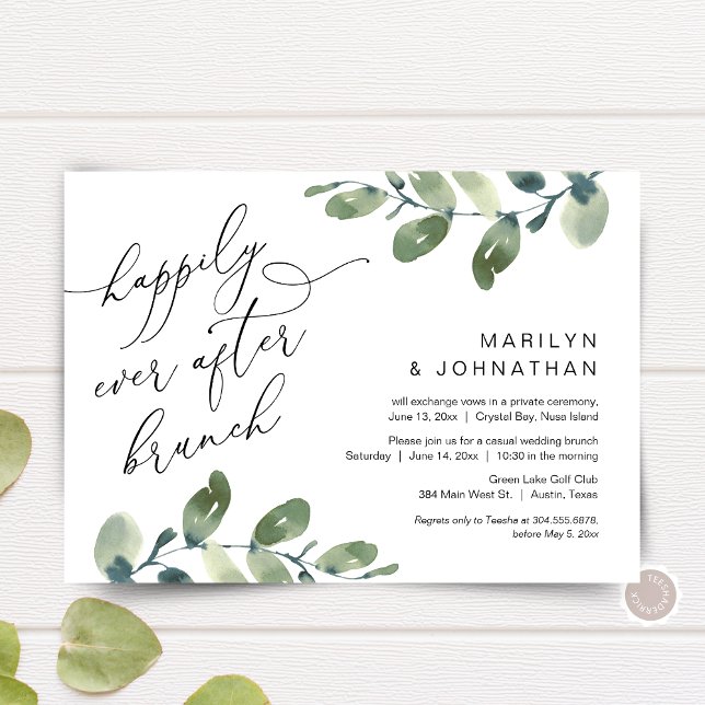 Invitación Brunch Party de Greenery para Boda íntima Felices  (Happily Ever After Brunch, Elopement Invitation Card, Greenery Eucalyptus Themed, Digital Down)