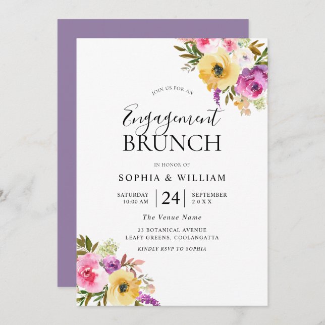 Invitación Brunch Peach Purple Rubor Flowers Engagement (Anverso / Reverso)