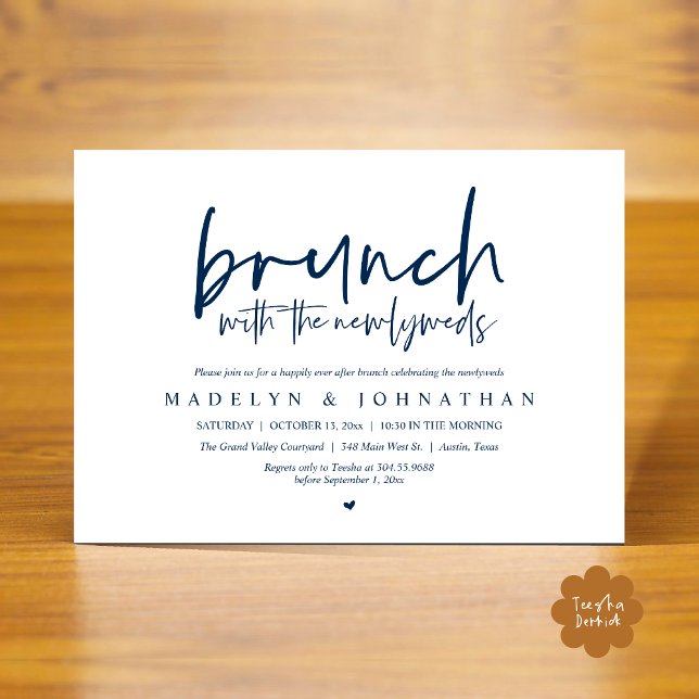 Invitación Brunch post Boda con la celebración de los recién  (Brunch with the Newlyweds Post Modern Morning Wedding Celebration Invitation Card PDF Navy Blue)