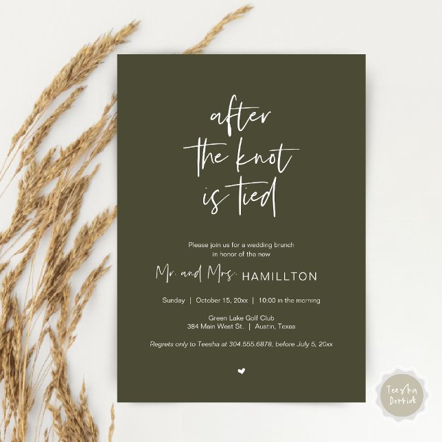 Invitación Brunch post boda, después de que el nudo esté atad (After the knot is tied, Wedding Elopement Lunch, Dinner, Brunch Party Invites Card, PDF, Olive Green)