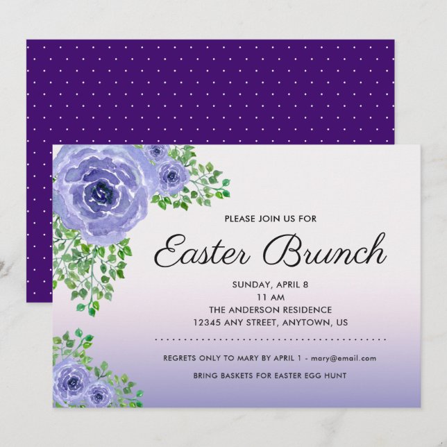 Invitación Brunch Purple Floral de Pascua (Anverso / Reverso)