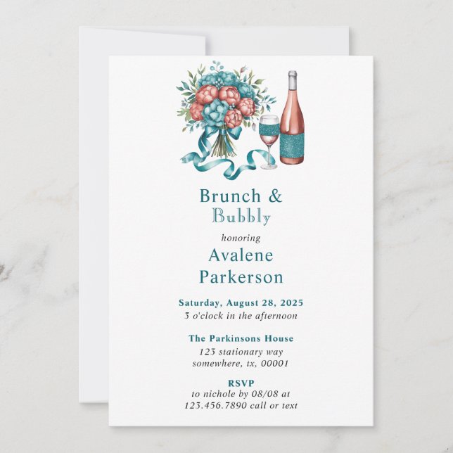 Invitación Brunch radiante Peony Bouquet y Bubbly (Anverso)