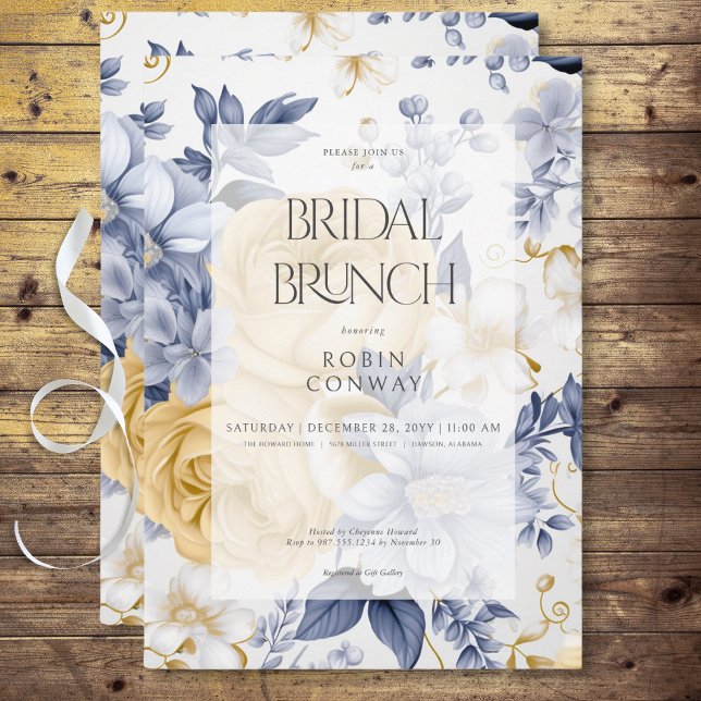 Invitación Brunch romántico amarillo azul y blanco floral de  (Romantic Yellow Blue & White Floral Bridal Brunch Invitation)