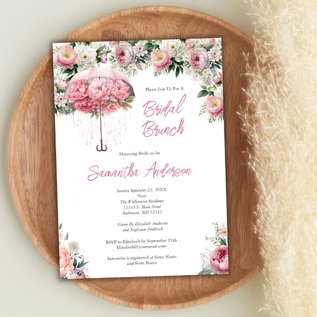 Invitación Brunch rosa blanco floral paraguas de novia ducha  (Pink White Watercolor Floral Umbrella Bridal Brunch Shower Invitation)