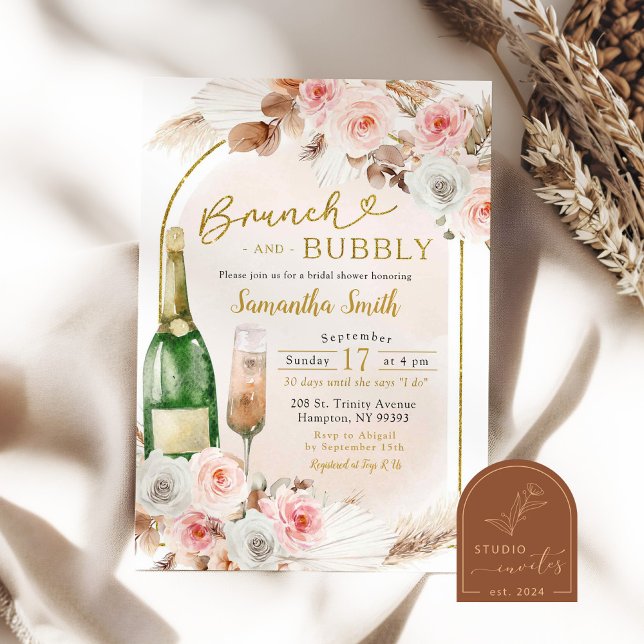 Invitación Brunch rosa Boho y ducha de novia burbujeante (Subido por el creador)
