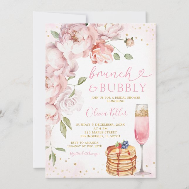 Invitación Brunch rosa de vino rosado Bubbly Bridal Shower (Anverso)