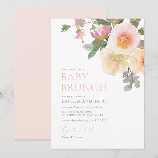 Invitación Brunch rosa elegante de Baby Shower floral (Anverso / Reverso)