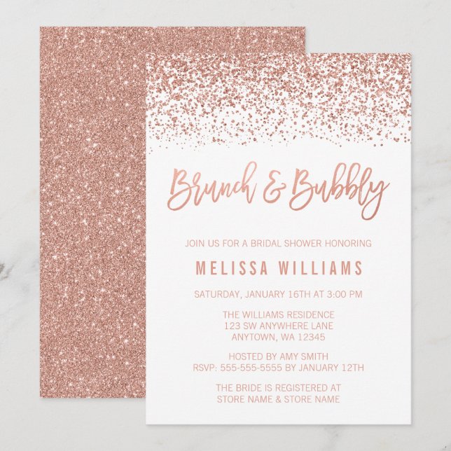 Invitación Brunch Rosa Purpurina de oro y ducha bucal (Anverso / Reverso)