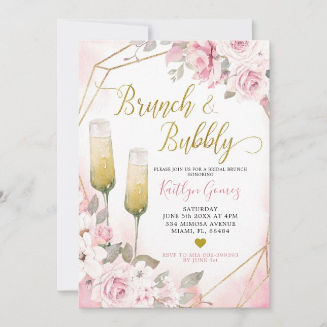 Invitación Brunch rosa rosa rosado suave de Rubor e invitació (Anverso)