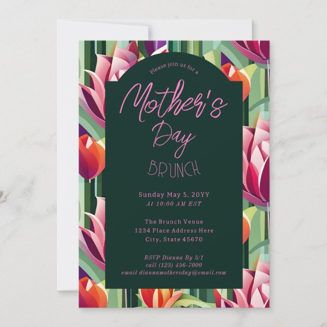 Invitación Brunch rosa verde tulipán del día de la madre mode (Anverso)