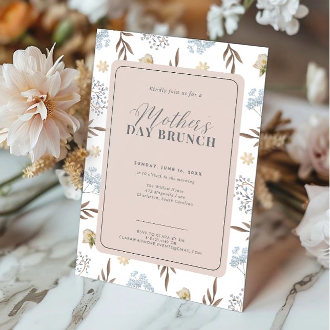 Invitación Brunch rosa y azul elegante floral Día de la madre (Subido por el creador)