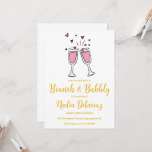 Invitación brunch rosa y dorado y ducha de novia burbujeante
