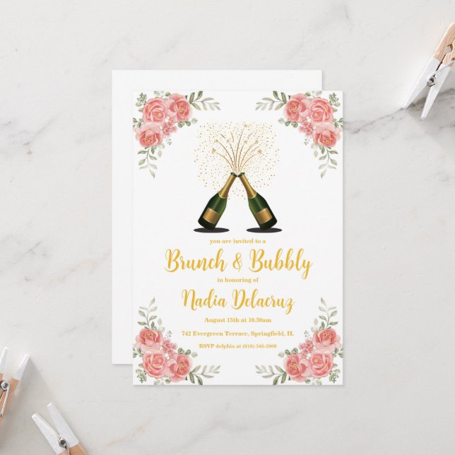 Invitación brunch rosa y dorado y ducha de novia burbujeante (Anverso/Reverso In Situ)