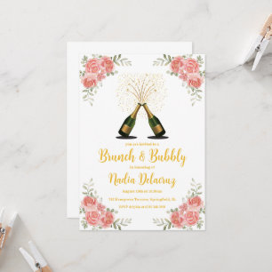 Invitación brunch rosa y dorado y ducha de novia burbujeante