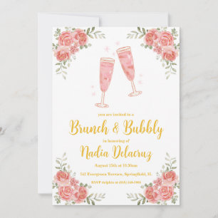 Invitación brunch rosa y dorado y ducha de novia burbujeante