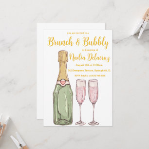 Invitación brunch rosa y dorado y ducha de novia burbujeante