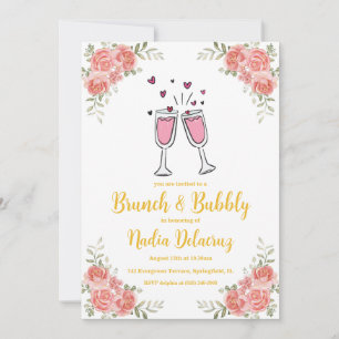 Invitación brunch rosa y dorado y ducha de novia burbujeante