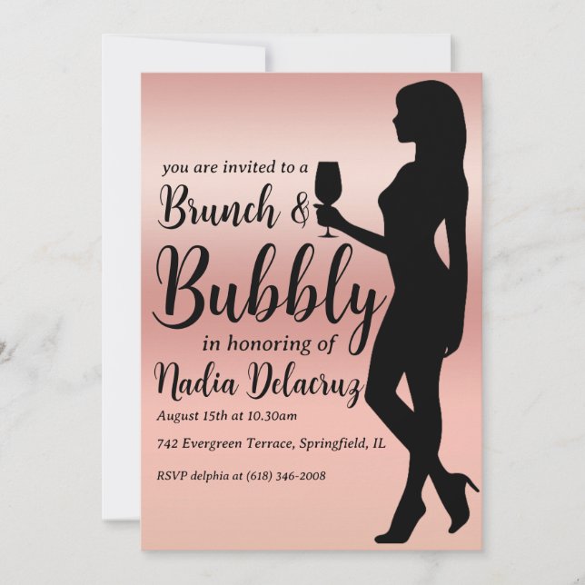 Invitación brunch rosa y dorado y ducha de novia burbujeante (Anverso)