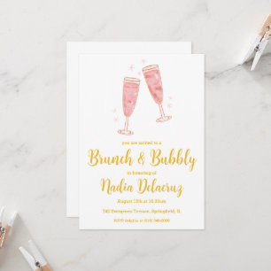 Invitación brunch rosa y dorado y ducha de novia burbujeante