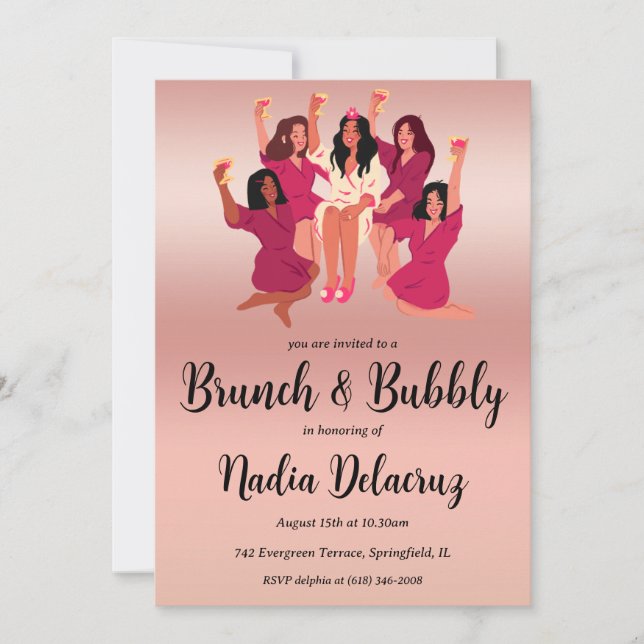 Invitación brunch rosa y dorado y ducha de novia burbujeante (Anverso)