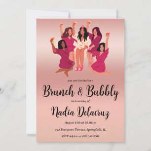 Invitación brunch rosa y dorado y ducha de novia burbujeante
