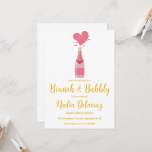 Invitación brunch rosa y dorado y ducha de novia burbujeante