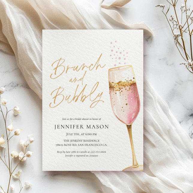 Invitación Brunch rosa y ducha de novia burbujeante (Elegant Pink Brunch and Bubbly Invitation)