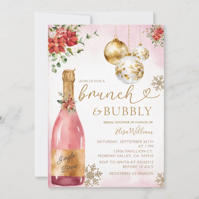 Invitación Brunch rosa y ducha de novia con champán burbujean (Anverso)