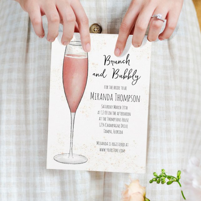 Invitación Brunch rosa y ducha de novia con champán burbujean (Subido por el creador)