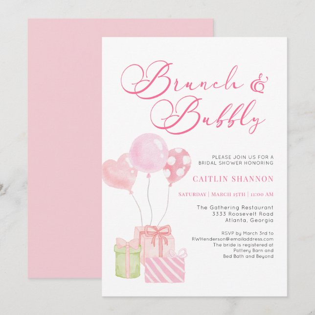 Invitación Brunch rosado suave y ducha de novia burbujeante (Anverso / Reverso)
