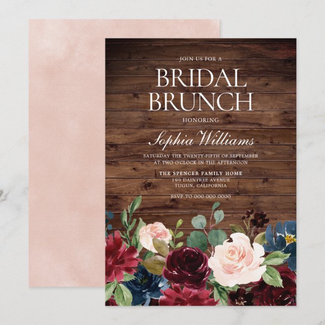 Invitación Brunch Rubor Pink & Burgundy Floral Bridal Shower (Anverso / Reverso)