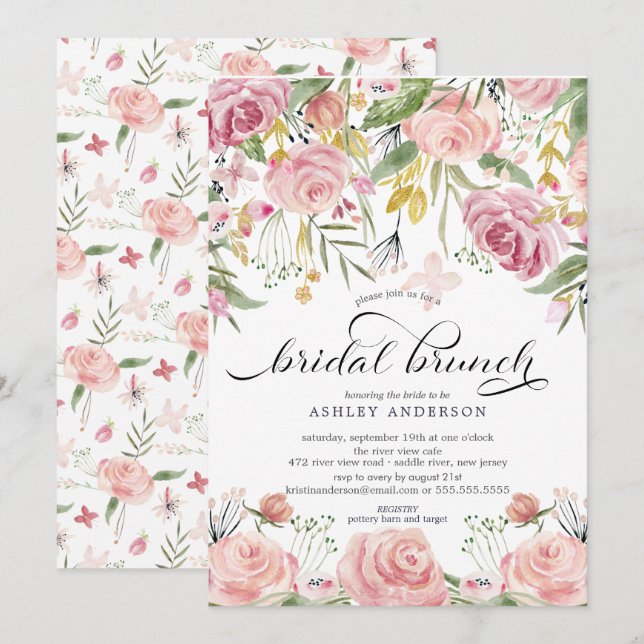 Invitación Brunch Rubor Pink Floral Bridal Shower (Anverso / Reverso)