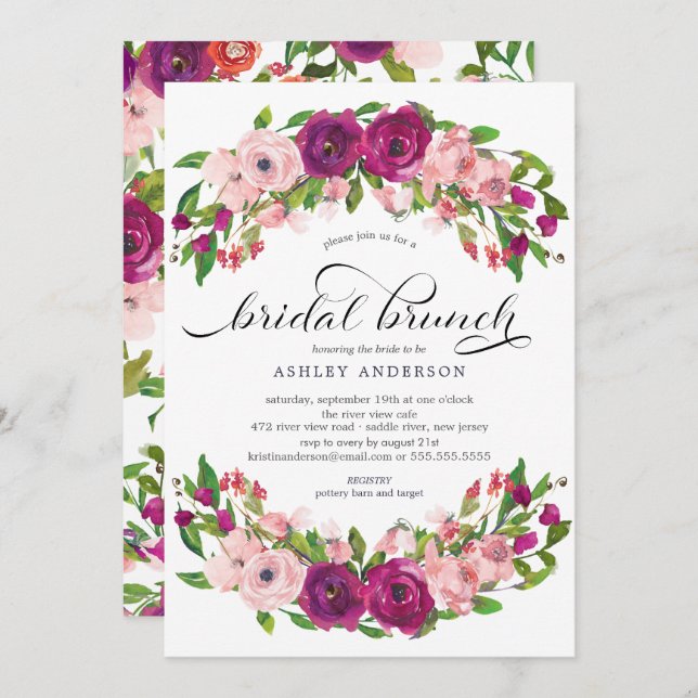 Invitación Brunch Rubor Pink & Marsala Floral Bridal Shower (Anverso / Reverso)