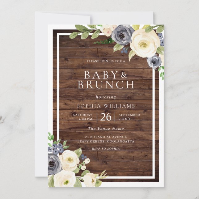 Invitación Brunch Rústico Baby Shower de la Marina y las Flor (Anverso)