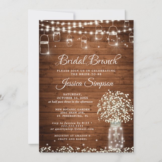 Invitación Brunch Rústico Bridal Mason Jar del Rescate del Be (Anverso)