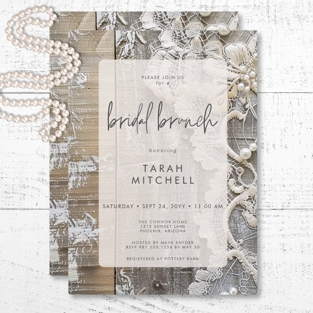 Invitación Brunch rústico de bodas y novias (Rustic Barnwood & Bridal Lace Bridal Brunch Invitation)