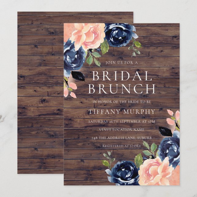 Invitación Brunch rústico de ducha de novia floral azul de la (Anverso / Reverso)