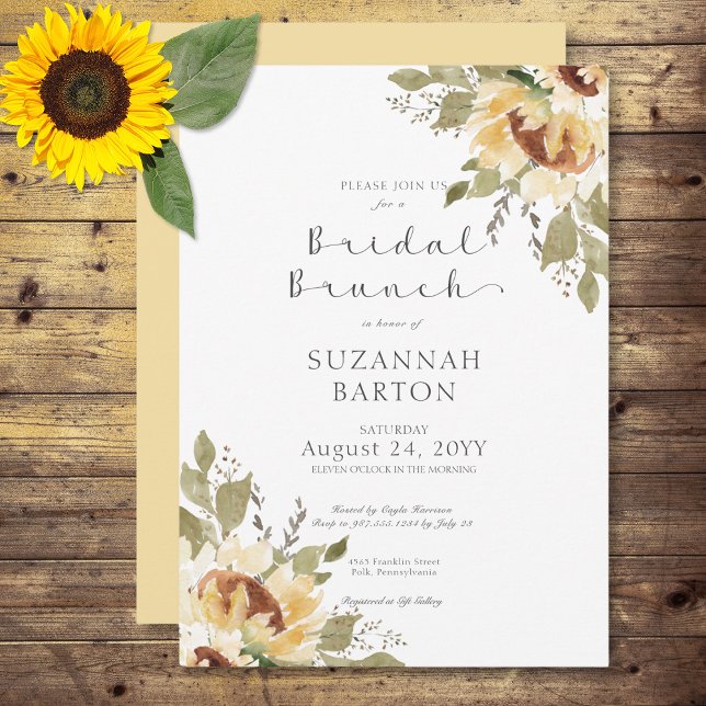 Invitación Brunch Rústico suave grande girasoles amarillos de (Soft Rustic Large Yellow Sunflowers Bridal Brunch Invitation)