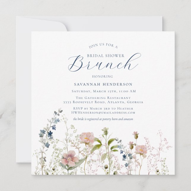 Invitación Brunch simple azul de flores silvestres de novia (Anverso)