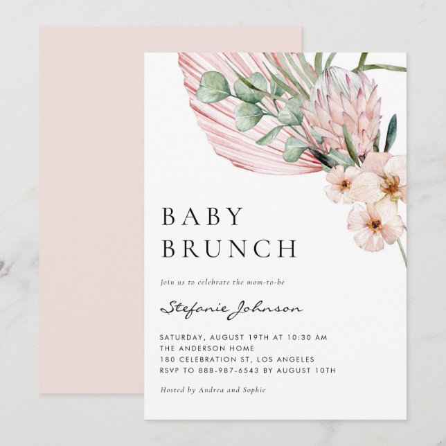 Invitación Brunch Tropical de Bebé con Protea Acuarela Rosa (Anverso / Reverso)