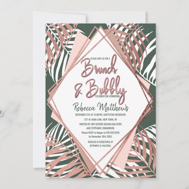 Invitación Brunch tropical de la palmera del oro del rosa (Anverso)