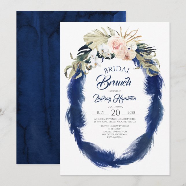 Invitación Brunch tropical de novias de la Marina Azul Pampas (Anverso / Reverso)