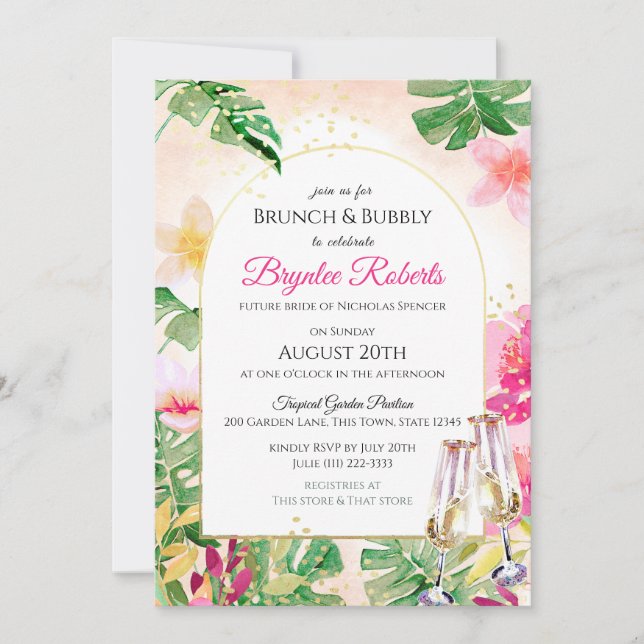 Invitación Brunch tropical y ducha de novias con burbujas (Anverso)