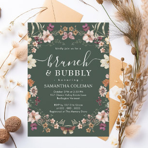 Invitación Brunch verde oscuro Boho y ducha de novia burbujea