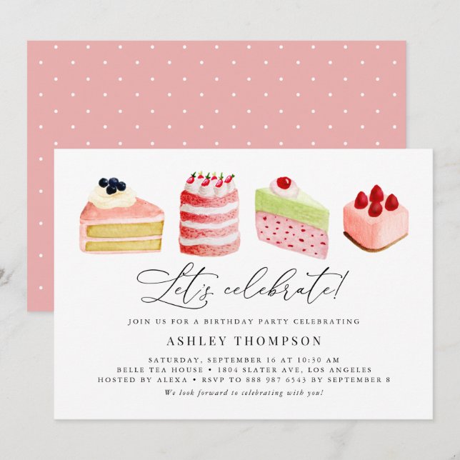 Invitación Brunch Watercolor Sweet Cakes Birthday Party (Anverso / Reverso)
