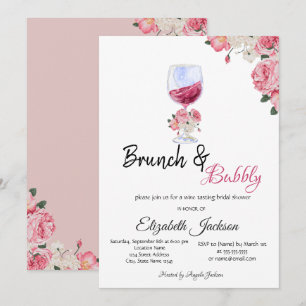 Invitación Brunch y brindis con copa de vino floral para desp