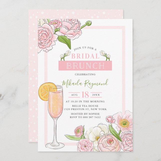 Invitación Brunch y Bubbly | Brunch de novias con flores rosa (Anverso / Reverso)
