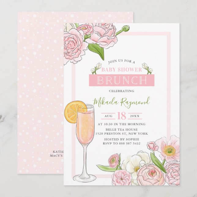 Invitación Brunch y Bubbly | Brunch rosa floral Baby Shower (Anverso / Reverso)