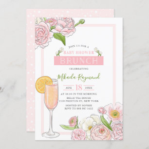 Invitación Brunch y Bubbly Brunch rosa floral Baby Shower